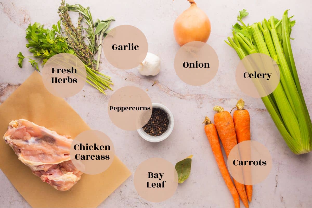 chicken carcass, carrots, onion, celery, garlic, peppercorns, bay leaf and fresh herbs.
