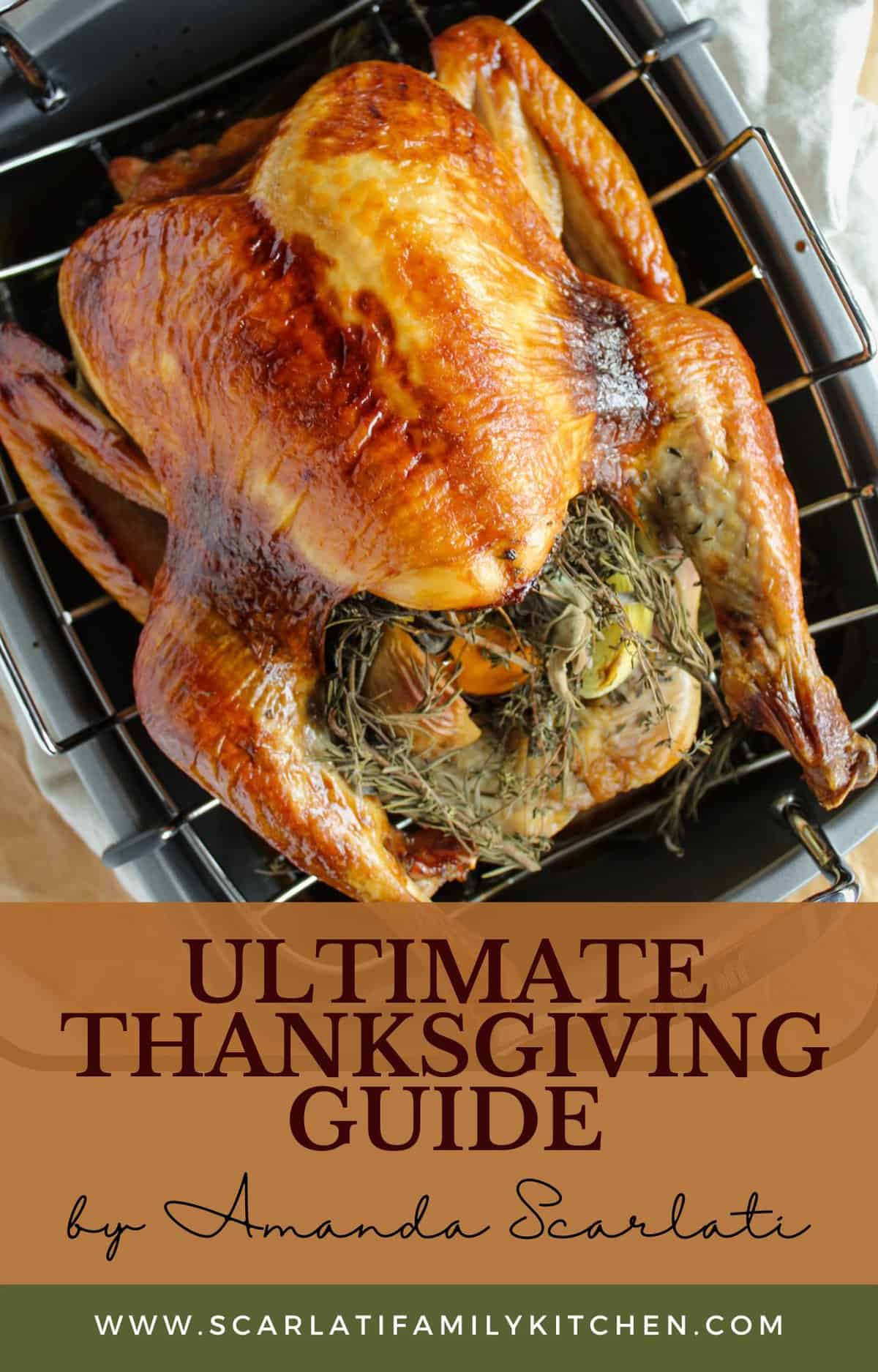 roasted stuffed turkey on a roasting rack and pan with the words ultimate thanksgiving guide.