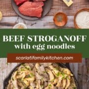 ingredients to make beef stroganoff from scratch and finished beef stroganoff in a skillet.