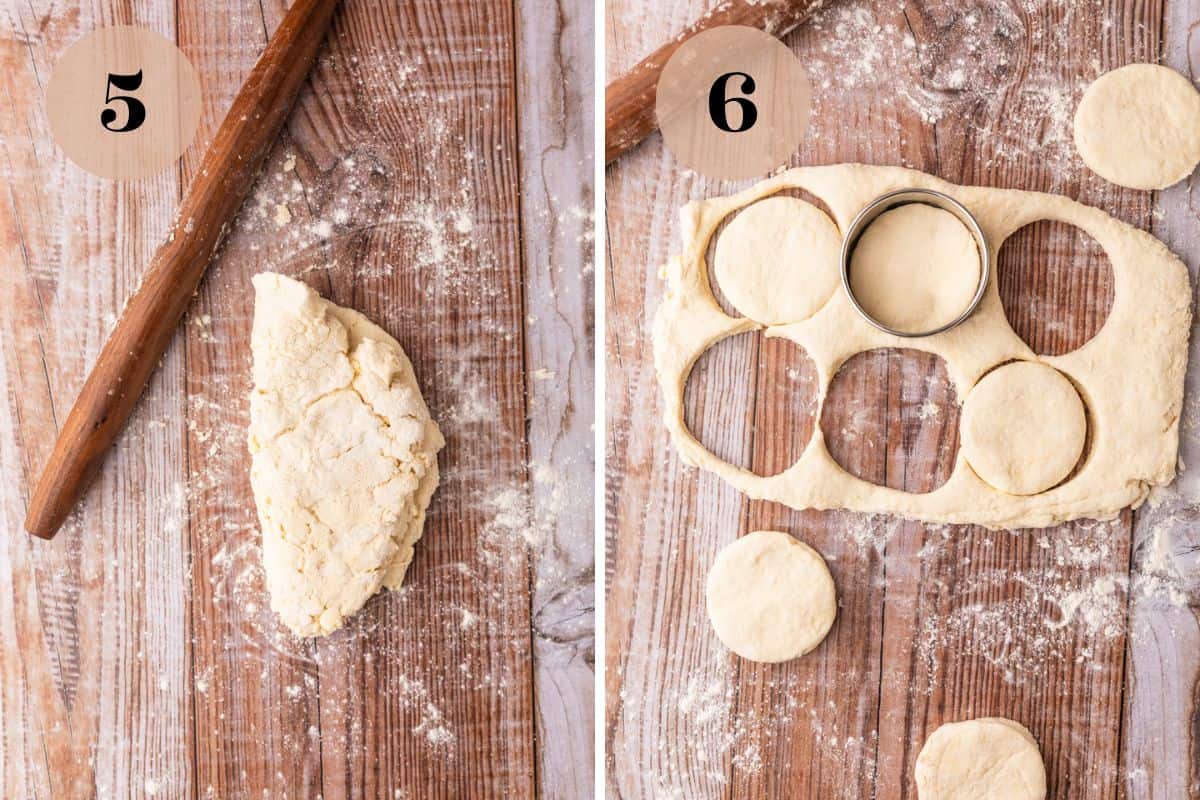 biscuit dough folded over on table with rolling pin and dough cut into round biscuits.