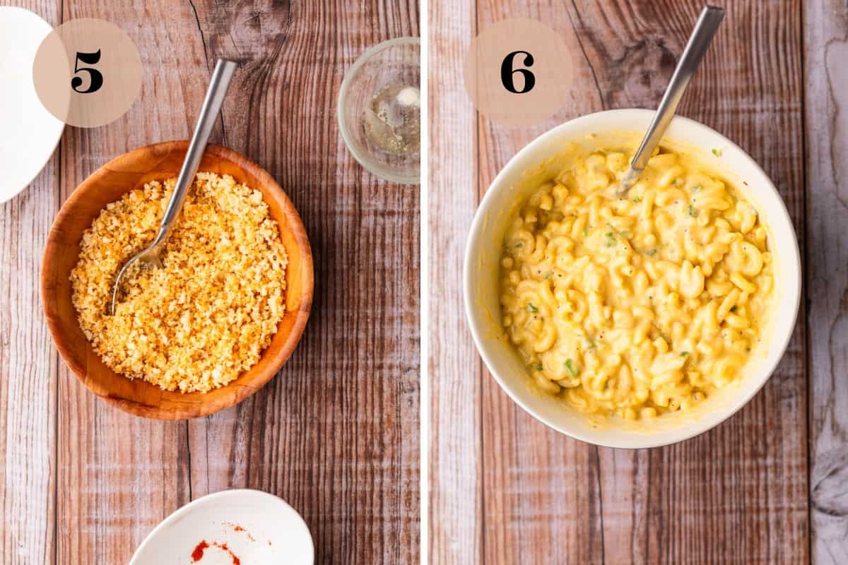 seasoned bread crumb topping in a bowl and macaroni with cheese sauce in another bowl.