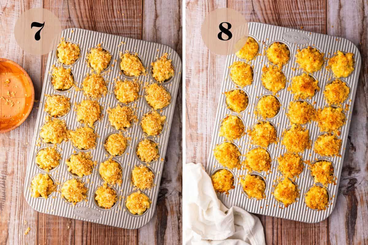 mac and cheese with bread crumbs on top before and after baking in the oven.
