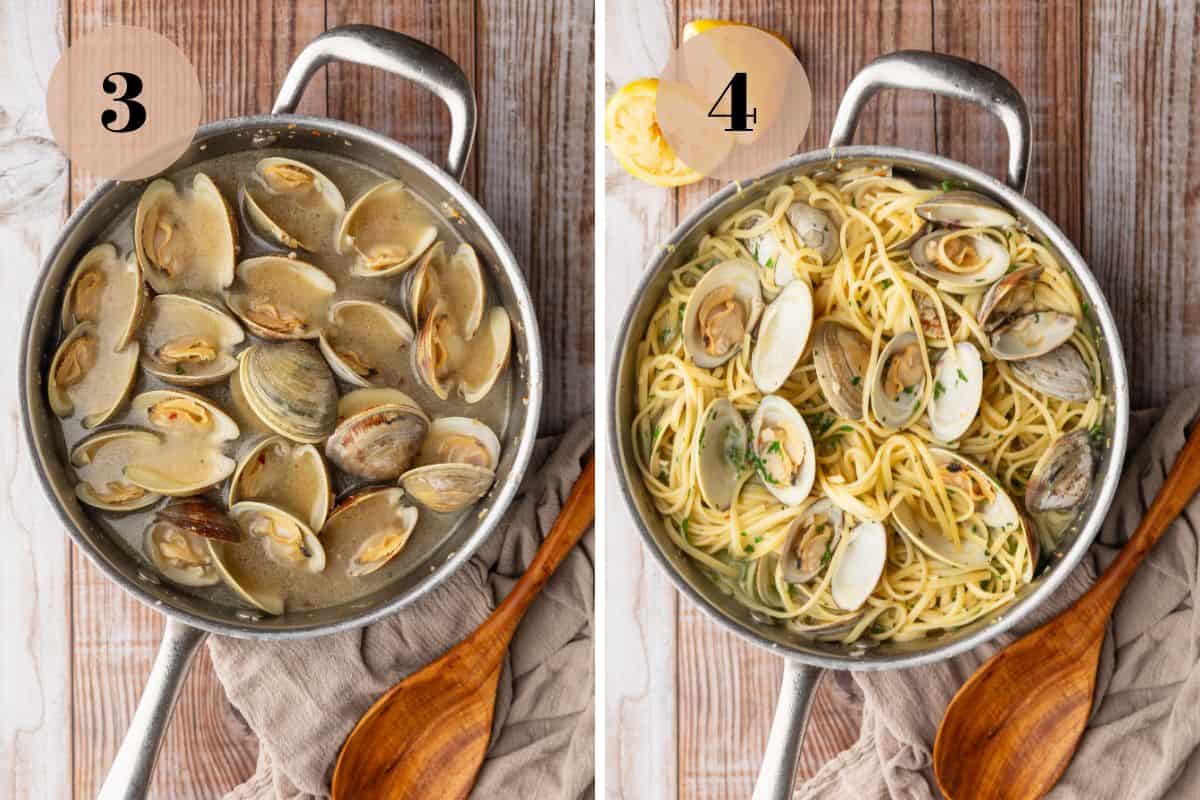 clams in garlic wine sauce in a pan and tossed with pasta and fresh parsley.