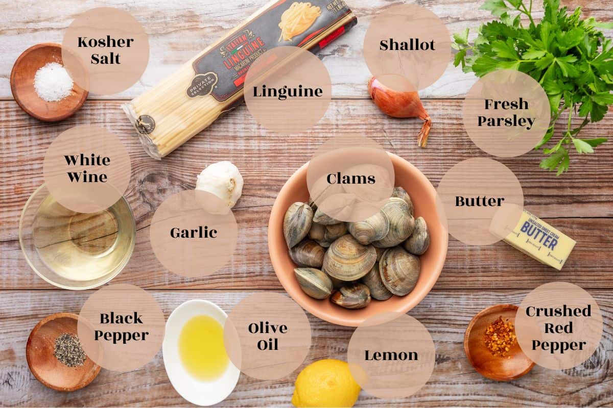 clams, linguine, parsley, shallot, lemon, garlic, olive oil, salt, pepper, red pepper flakes and white wine.