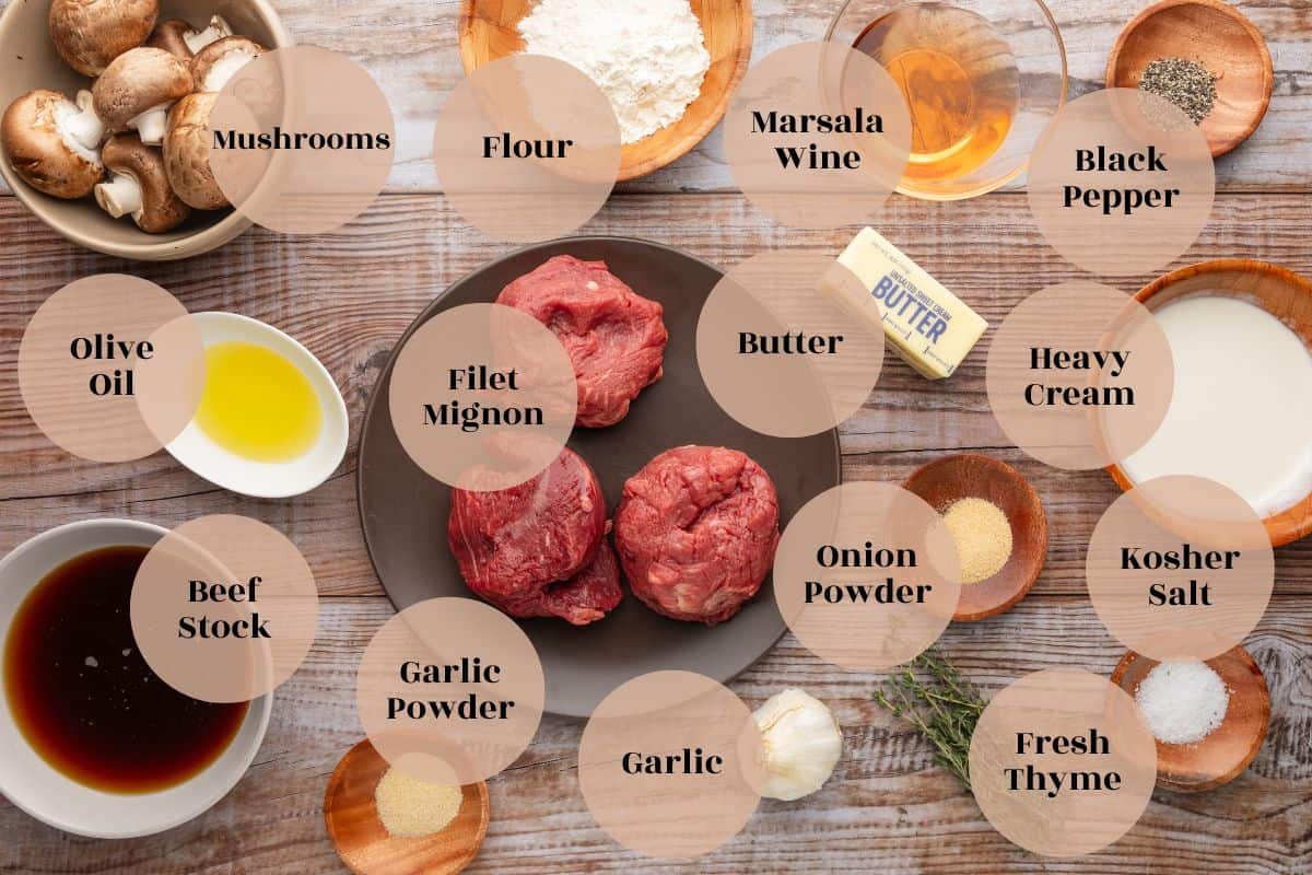 mushrooms, flour, marsala wine, fresh thyme, butter, olive oil, flour, seasonings, filet mignon, cream, beef stock.