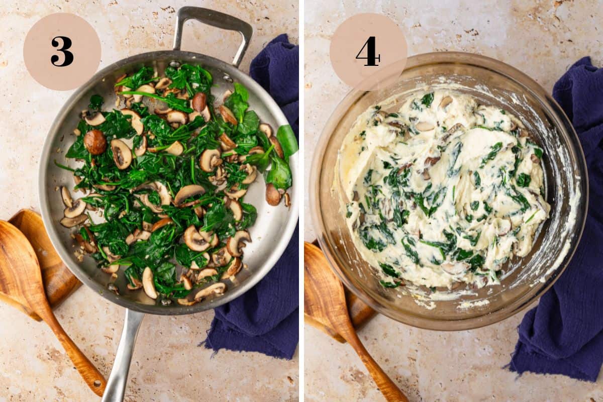 sauteed mushrooms and spinach in a pan and ricotta cheese mixture with spinach and mushrooms.