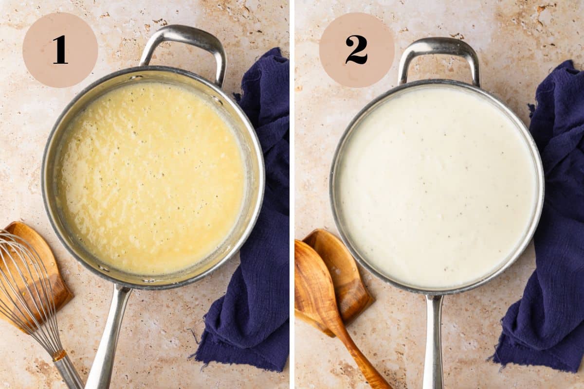 roux with garlic in a pan and finished bechamel alfredo sauce in a pan.