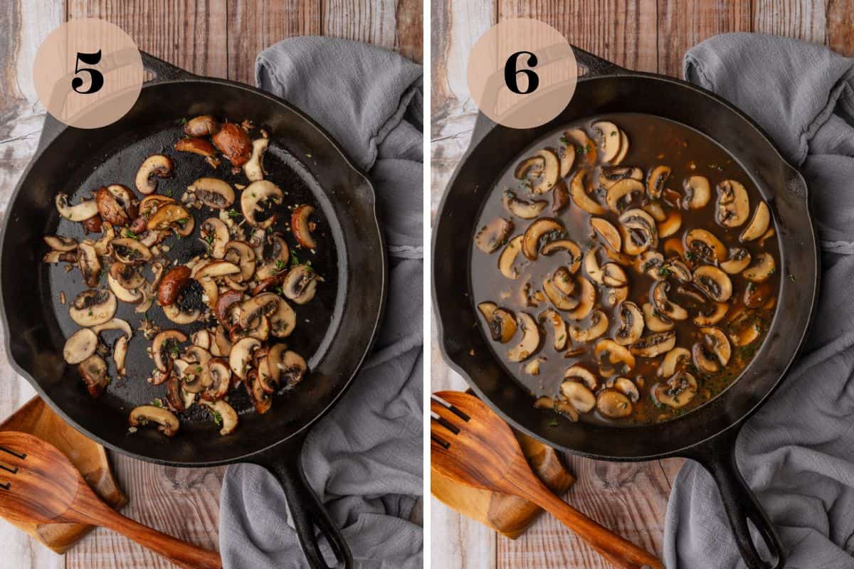 sauteed mushrooms in a cast iron skillet and broth and wine added to the skillet. 