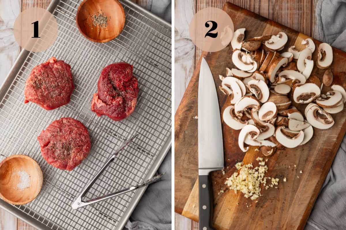 seasoned filets on a wire rack and sliced mushrooms and minced garlic on a cutting board.