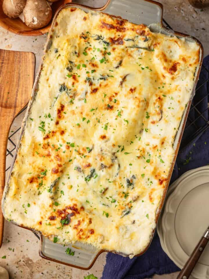 white lasagna with browned cheese on top in a dish on a cooling rack.