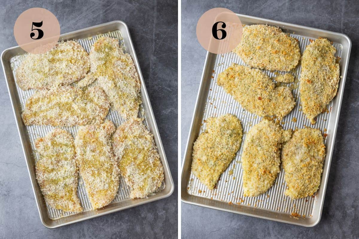 breaded chicken breasts on a sheet pan, drizzled with oil and then baked till lightly browned.