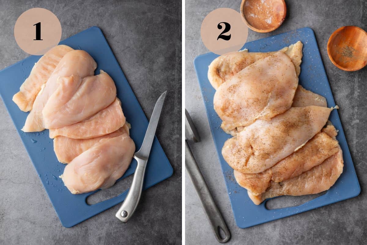 chicken breasts on a cutting board with a knife, then pounded out thin and seasoned with salt and pepper.