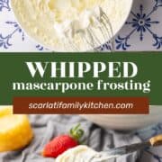 whipped mascarpone frosting in a bowl and being spread on a small cake.