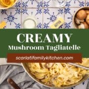 ingredients to make creamy mushroom pasta and finished pasta in a pan with tongs.