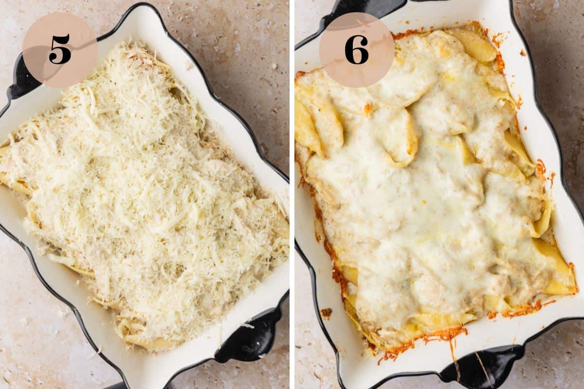 stuffed shells with alfredo covered with cheese before and after baking.