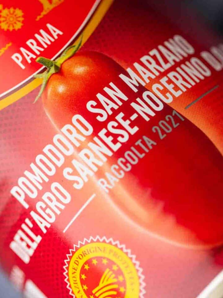can of san marzano tomatoes with the DOP certified red and yellow label.