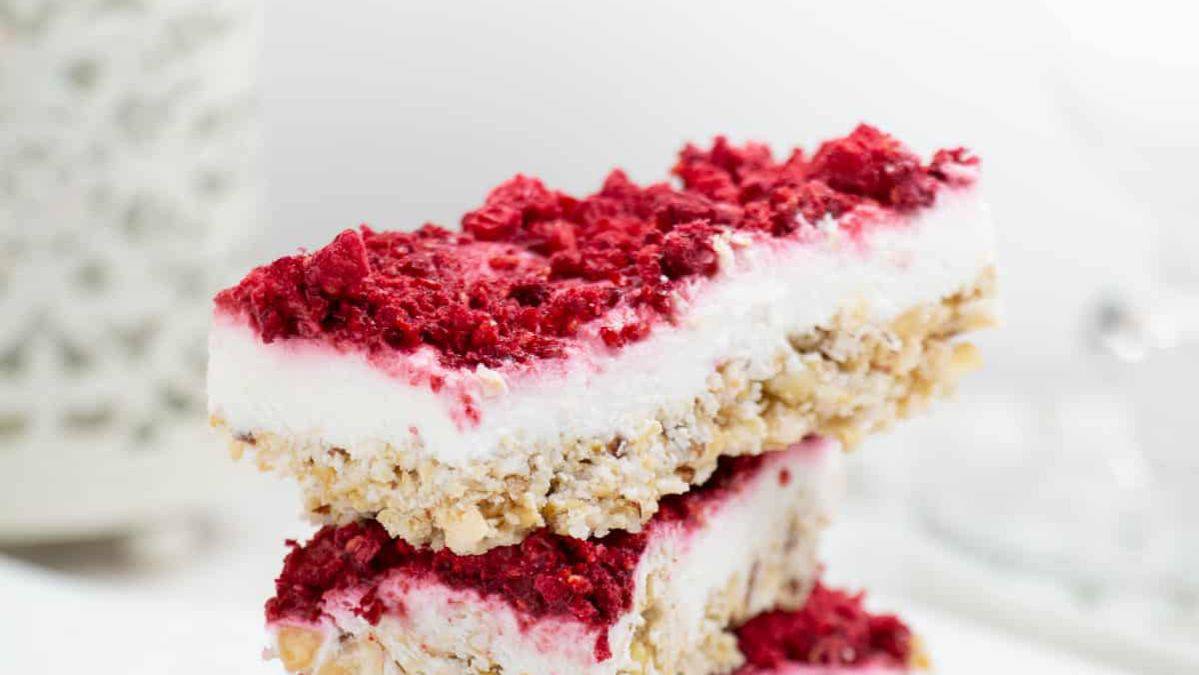 raspberry yogurt and oatmeal layered bars.