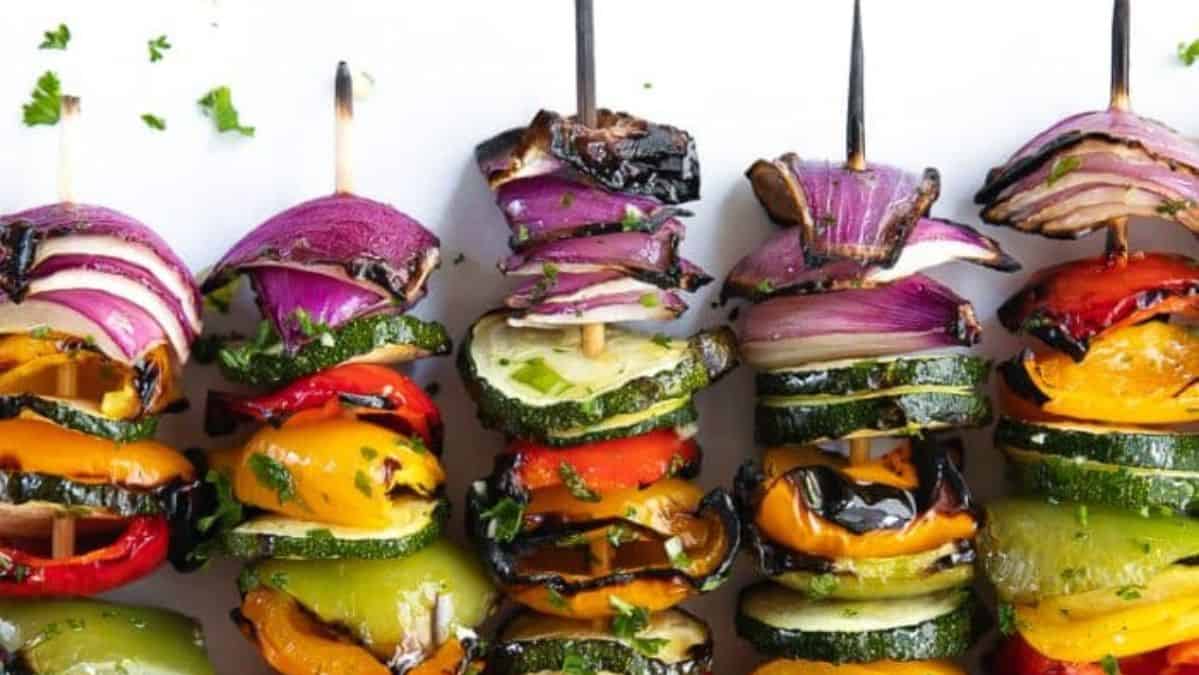 assorted grilled vegetables on skewers.