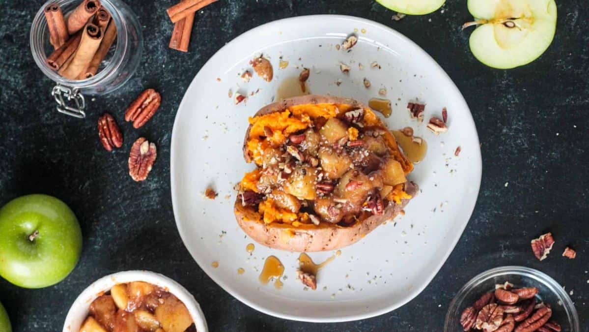 sweet potato with cinnamon apples on top.