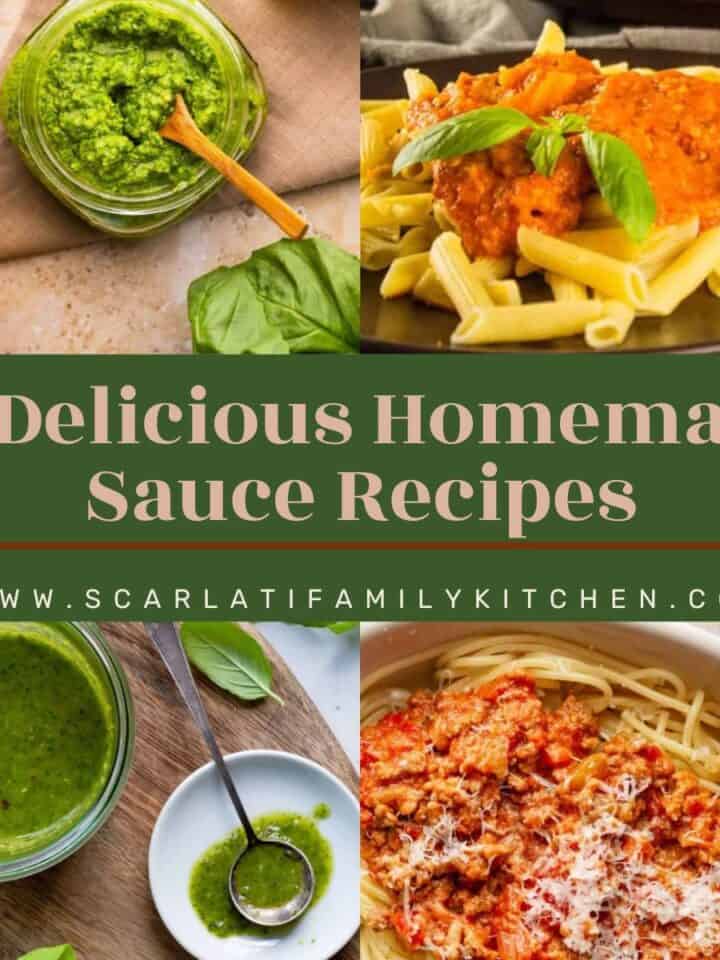 collage of homemade sauces with the text overlay "15 delicious homemade sauce recipes".