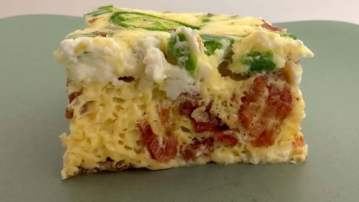 slice of breakfast casserole with jalapenos.