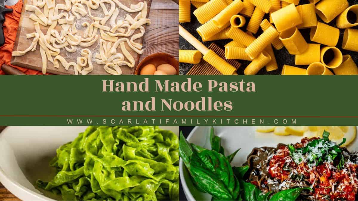 Collage of images of different types of homemade pasta and noodles with the overlay "handmade pasta, and noodles".