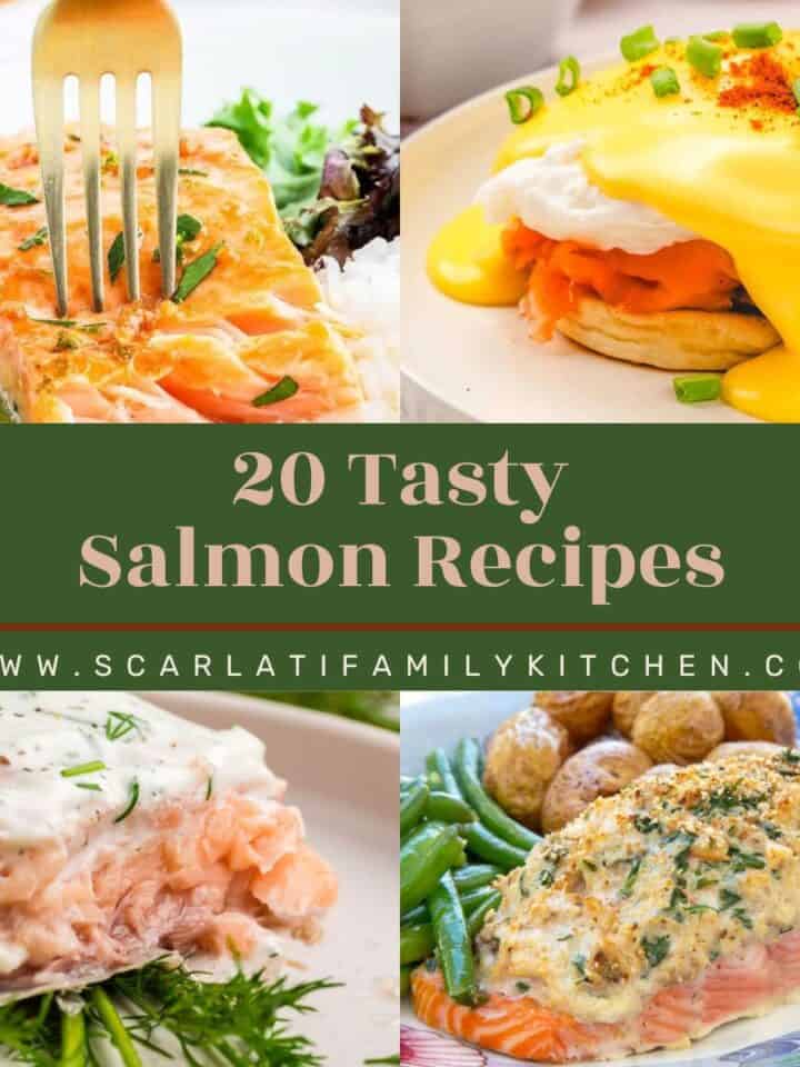 Collage of different salmon recipes with the text overlay "20 tasty salmon recipes".