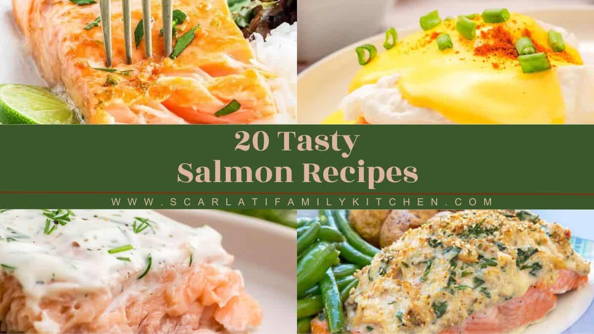 Collage of different salmon recipes with the text overlay "20 tasty salmon recipes".