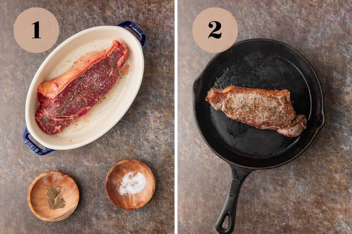 NY strip steak in a dish sprinkled with salt and pepper and seared steak in a cast iron skillet.