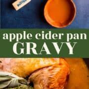 Ingredients for making apple cider gravy for turkey and a turkey leg with gravy on a plate.