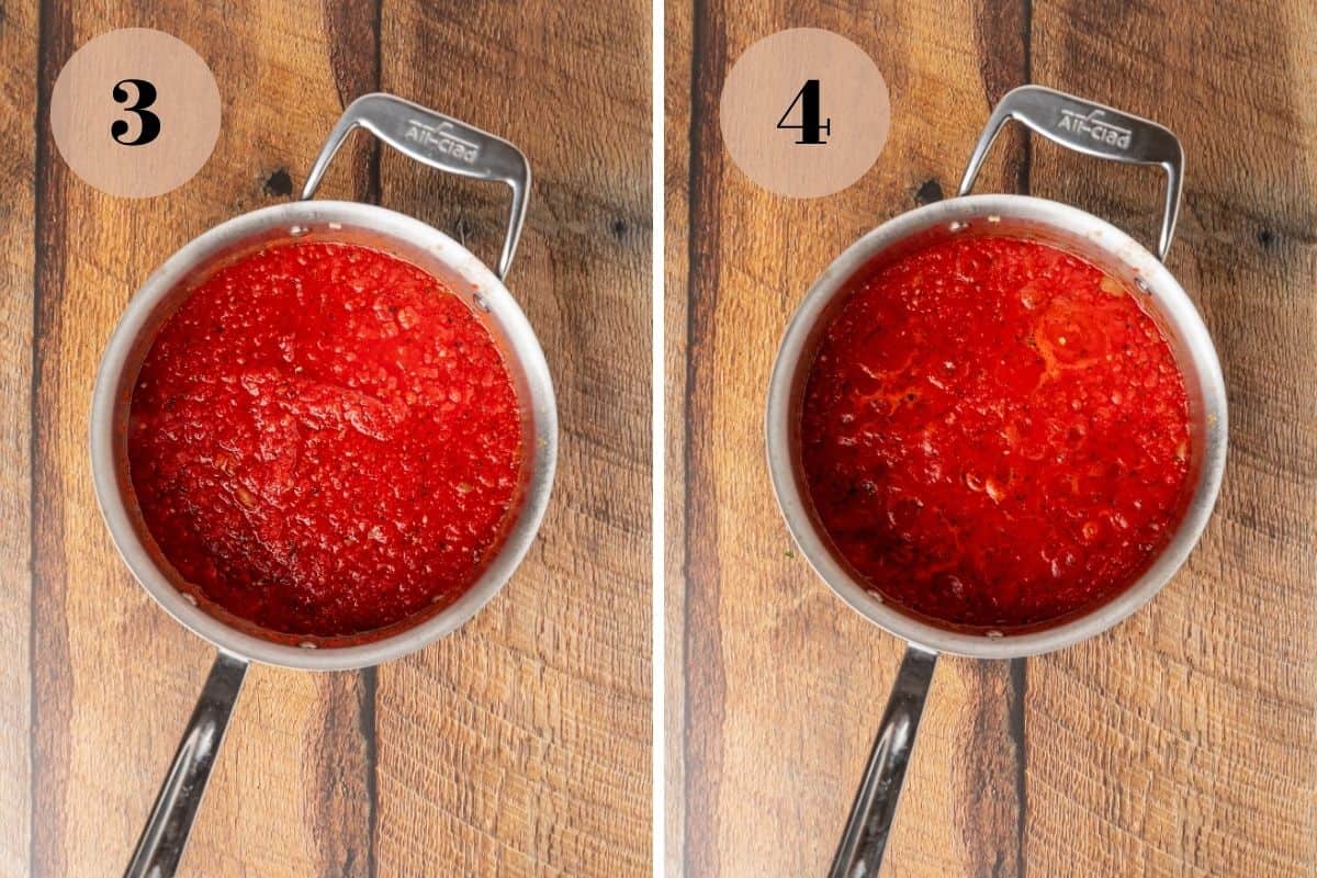 marinara sauce in a pot before and after simmering.