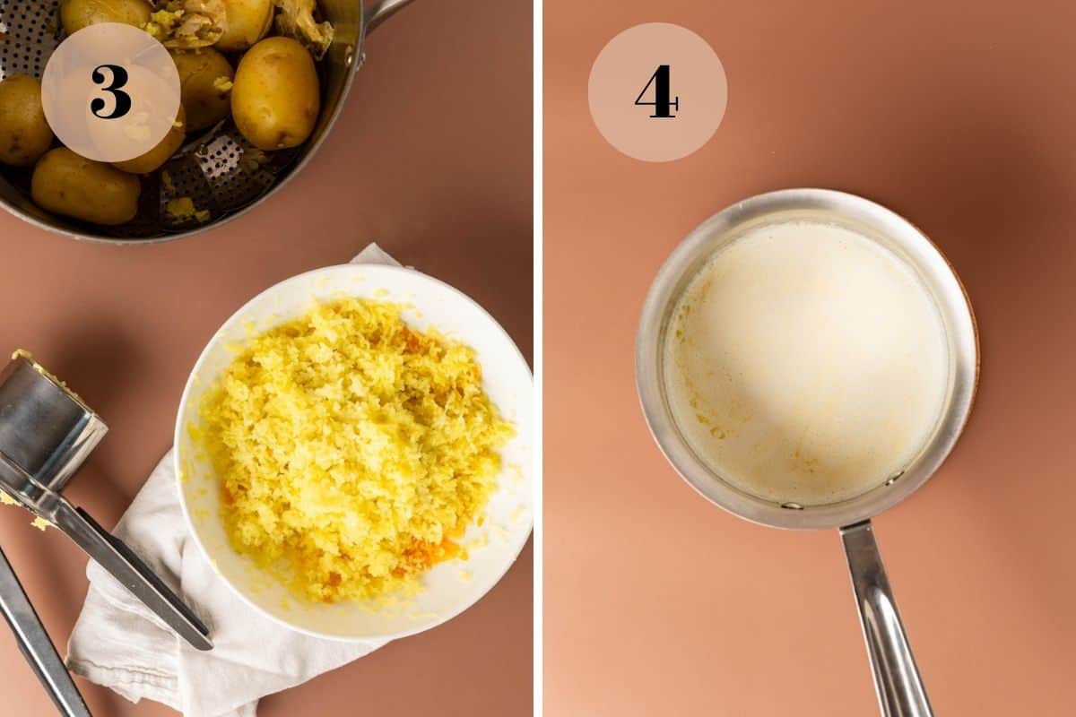 riced potatoes in a bowl next to a potato ricer and a pot with steamed potatoes in it and a pot of melted butter and cream.