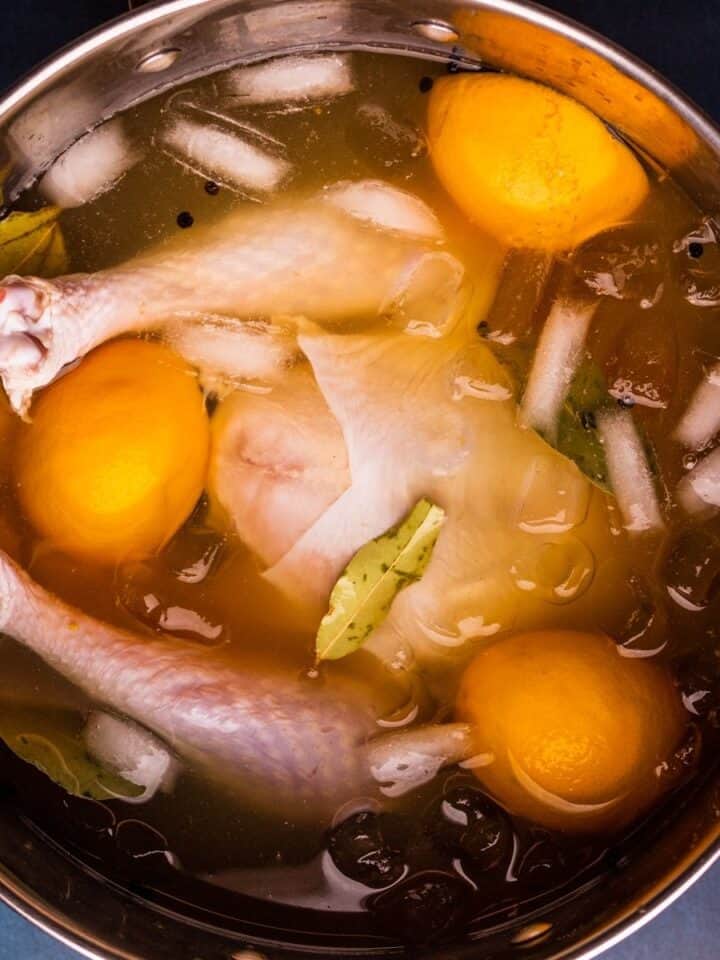 a large pot of liquid with a turkey in it with ice, herbs and oranges floating in it.