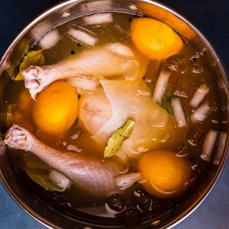 a large pot of liquid with a turkey in it with ice, herbs and oranges floating in it.