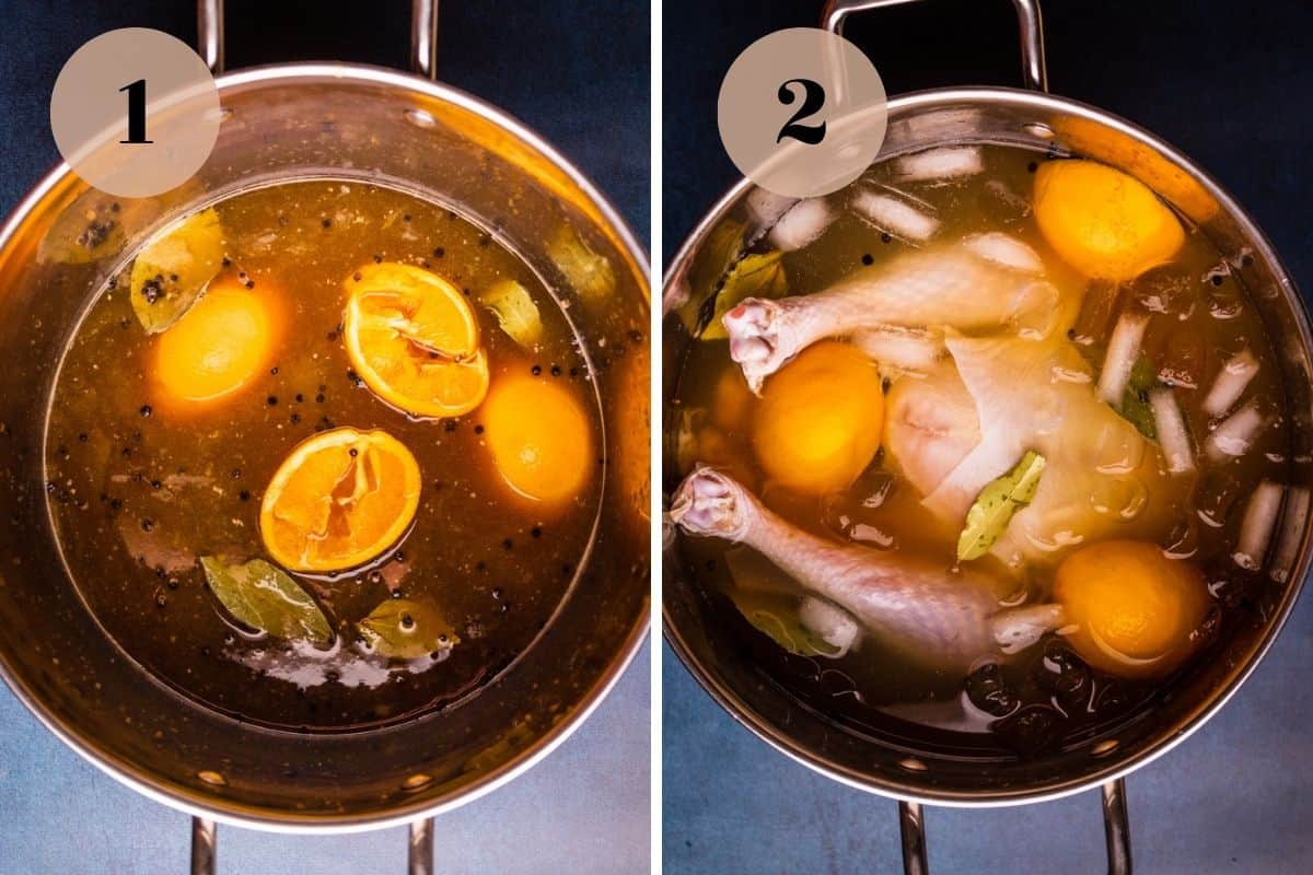 Oranges and herbs floating in liquid in a large pot and then turkey added to the liquid in the pot.