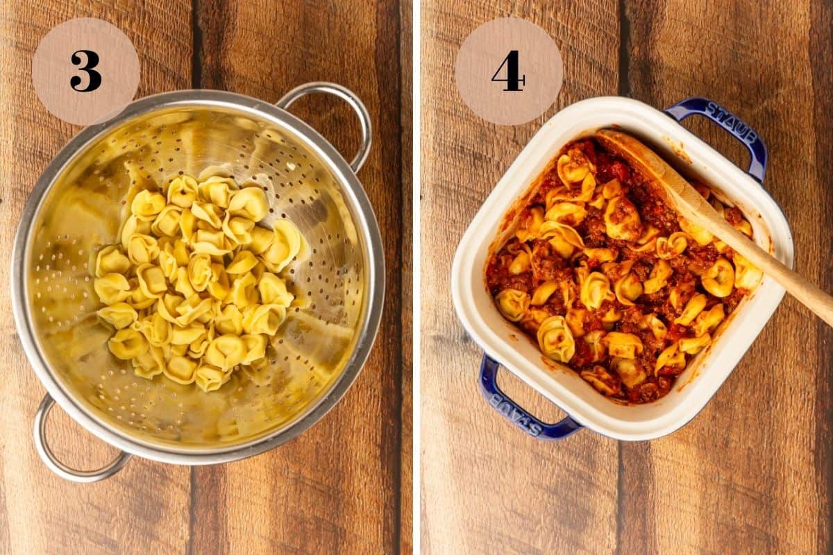 Cooked tortellini and a colander and tortellini mixed with sauce and a baking dish.