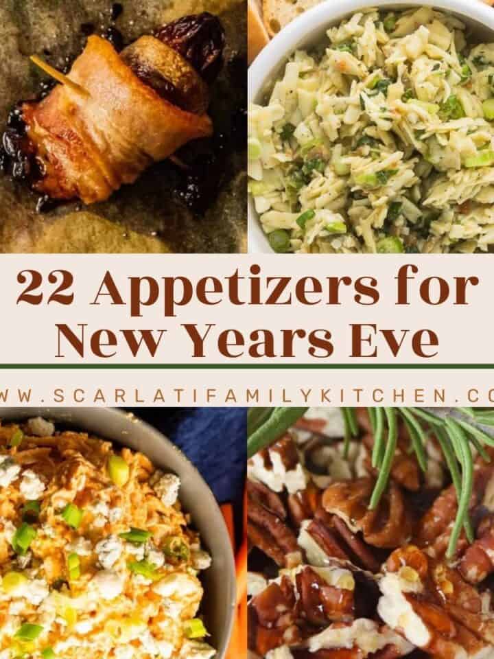 Collage of images of different appetizers with the text overlay "22 appetizers for New Year's Eve".