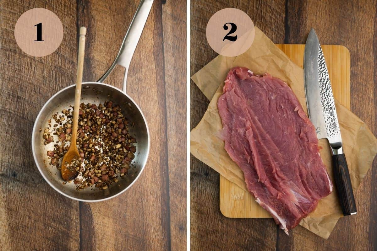 Mushrooms browning in a skillet and a slab of prosciutto. 