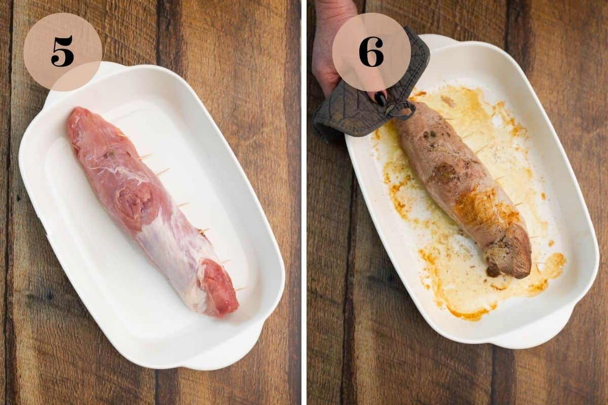 Uncooked roasted pork tenderloin and a cooked stuffed tenderloin. 