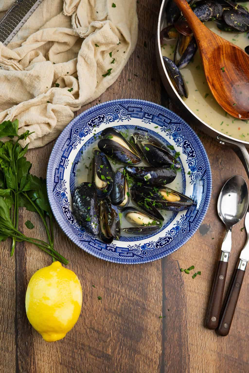 A bowl of garlic butter mussels. 