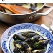 A bowl of 15 Minute Garlic Butter Mussels.