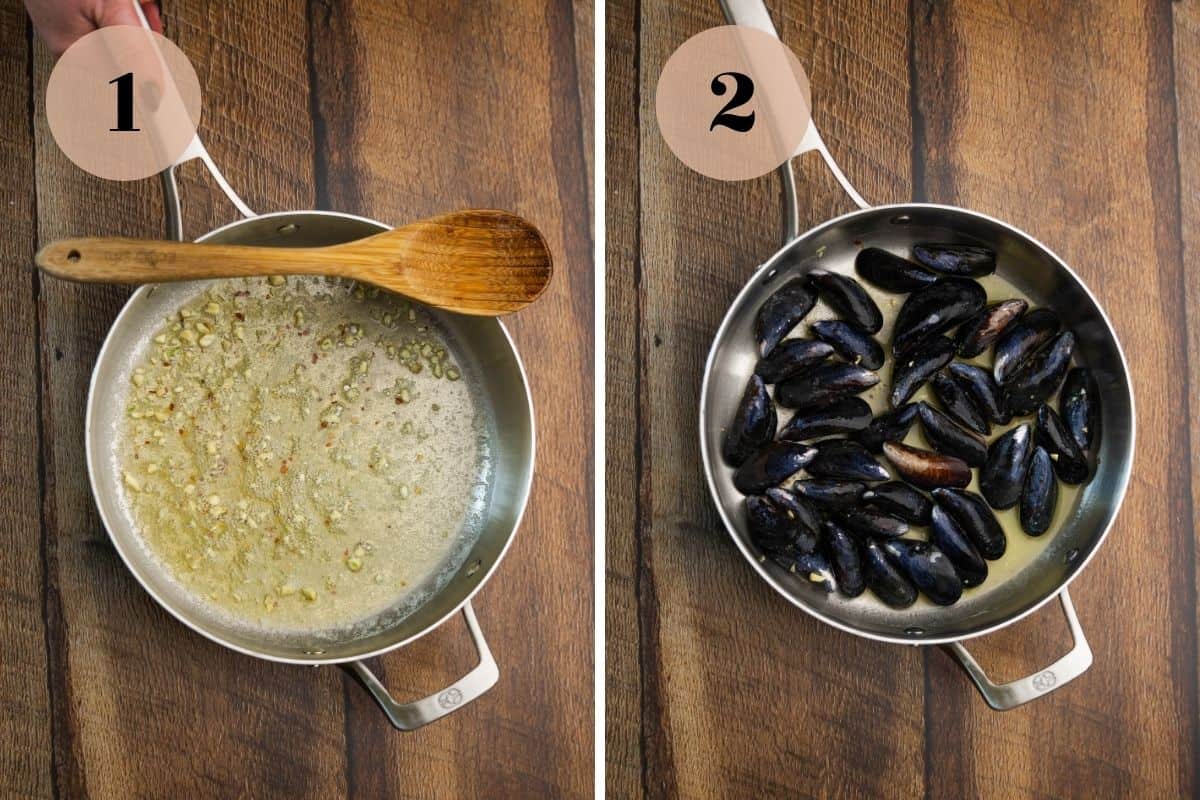 Garlic butter in a saut&eacute; pan and mussels steaming in a pan. 