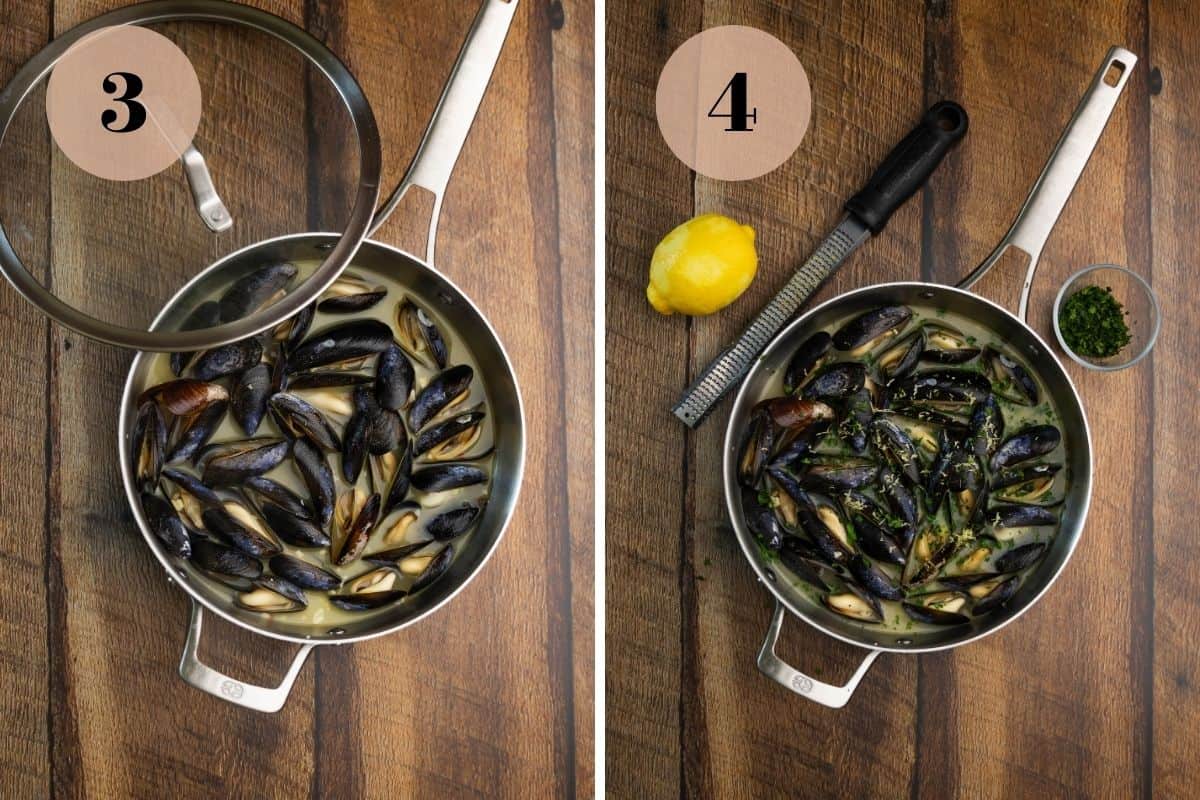Garlic butter mussels steaming in a saut&eacute; pan.
