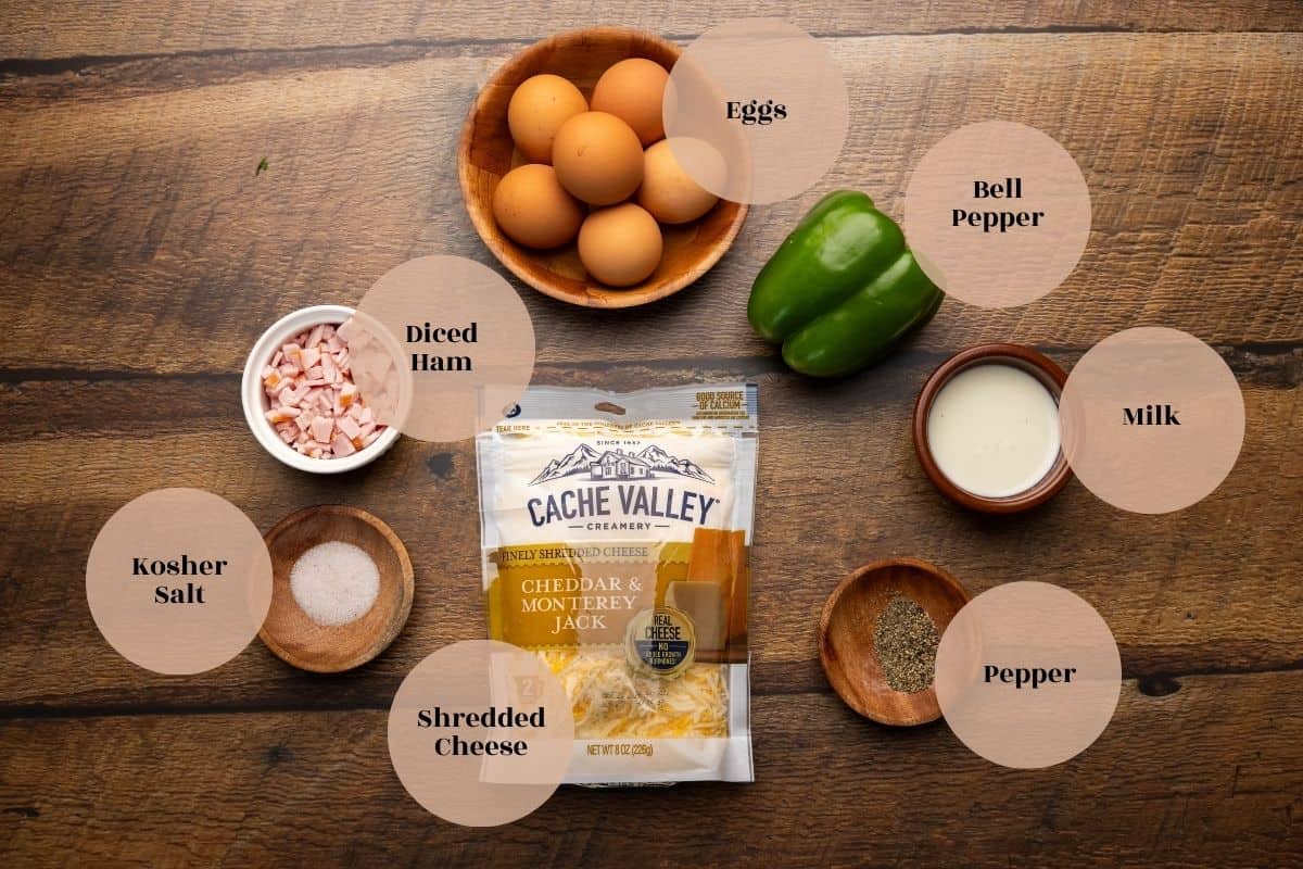 Ingredients to make cheesy egg bites with peppers and ham.