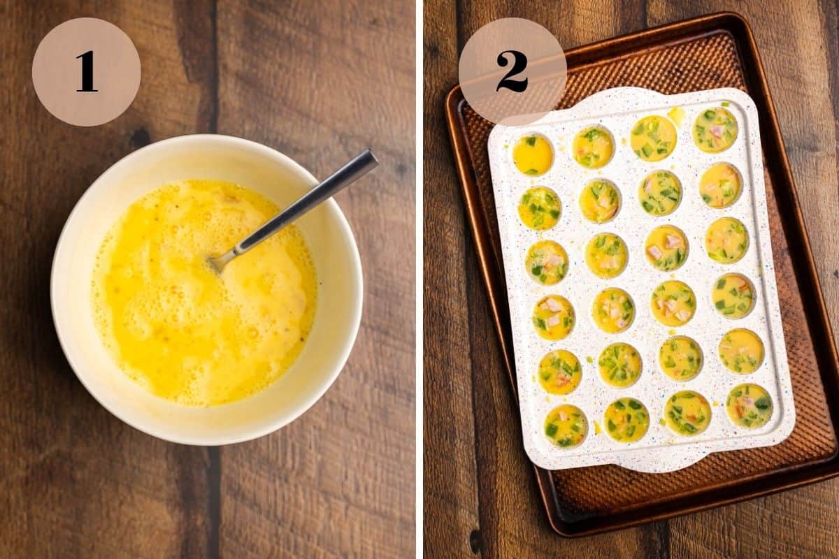 Whisked egg bites in a bowl and unbaked egg bites in a mini muffin pan.