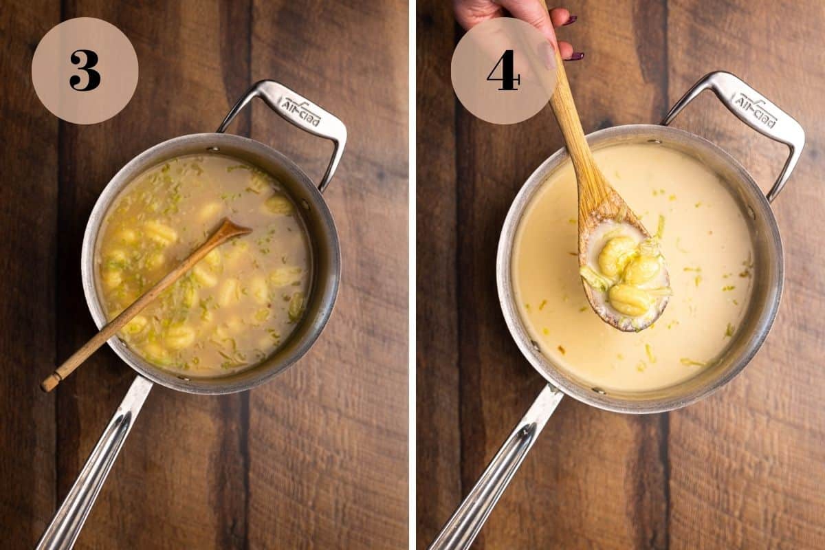 Gnocchi added to a pot of soup and a wooden spoon lifting a bite. 