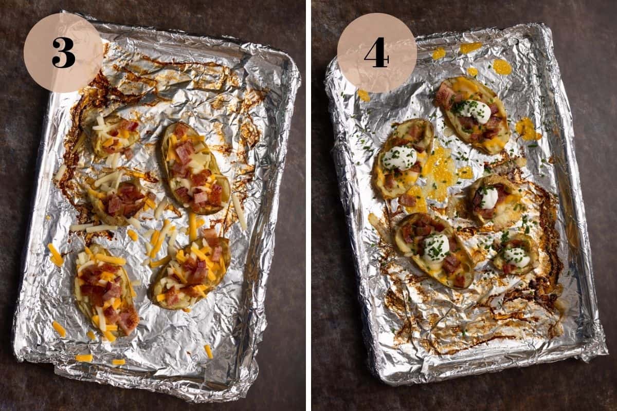 Unbaked loaded potato skins on a baking sheet and baked loaded potato skins on a baking sheet.