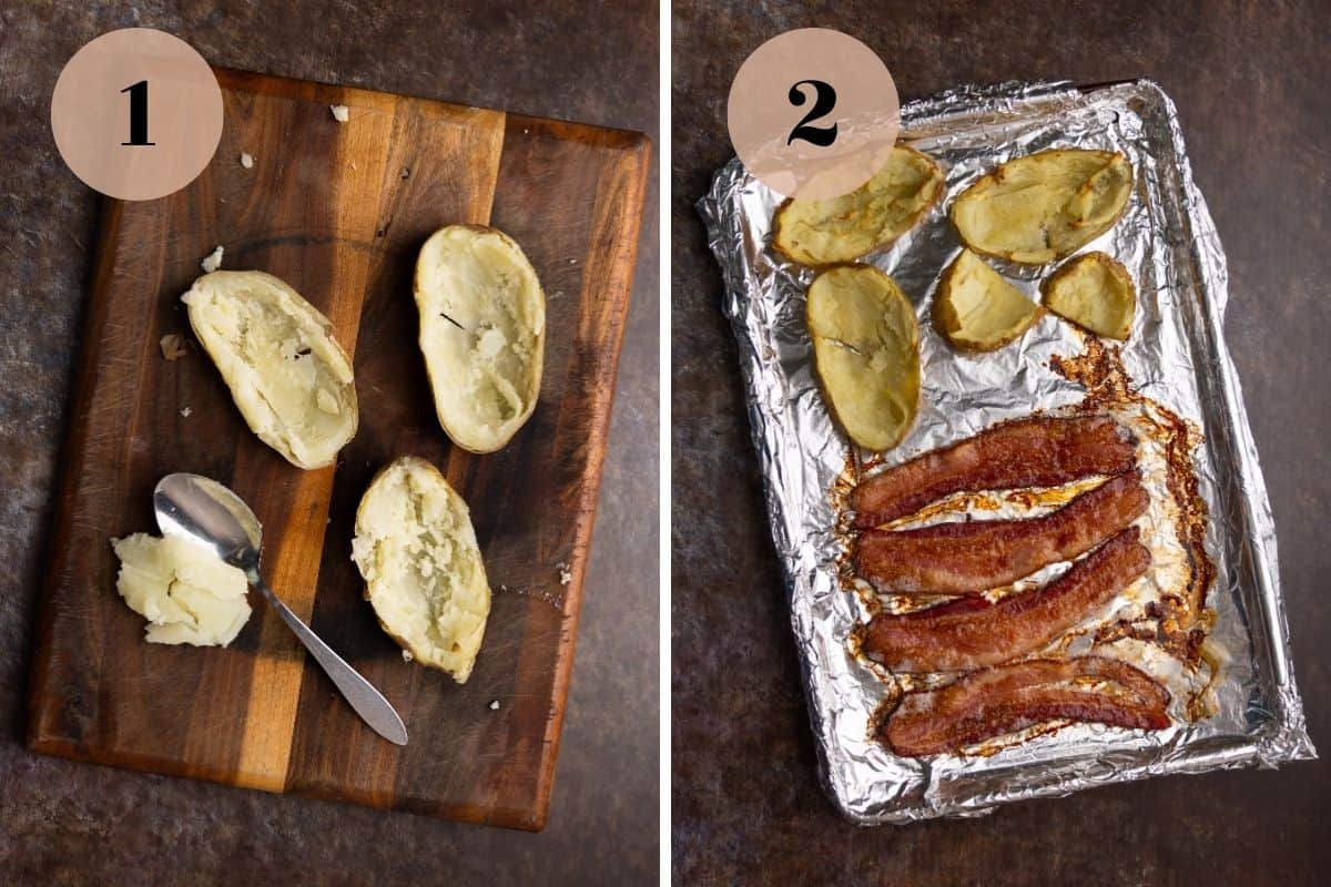 Potato skins on a cutting board and potato skins and bacon slices on a foil-lined baking sheet.