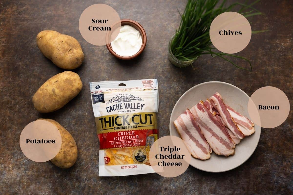 Potatoes, sour cream, chives, bacon, and Cache Valley cheese.