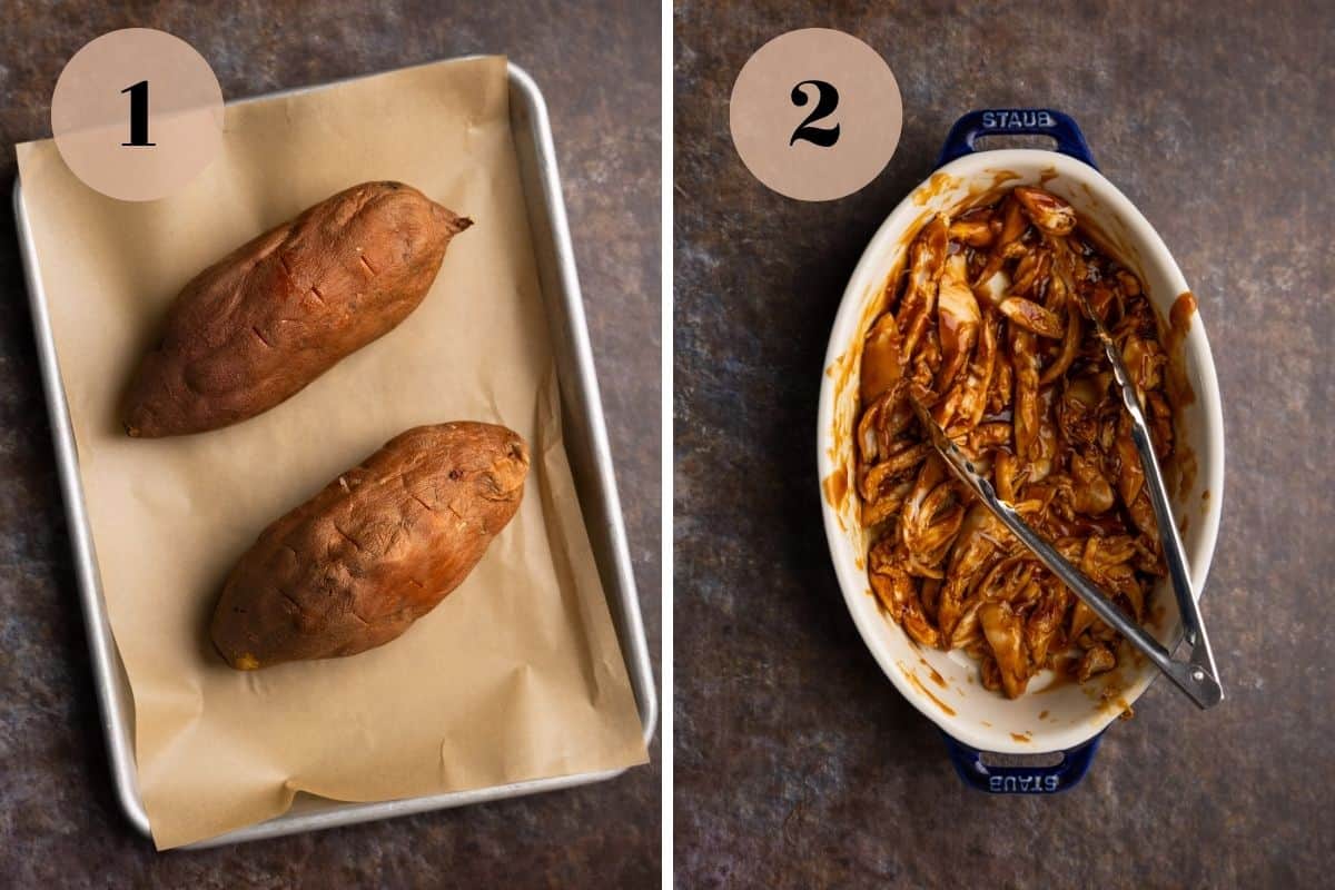 Two sweet potatoes on a parchment paper-lined baking sheet and BBQ chicken.
